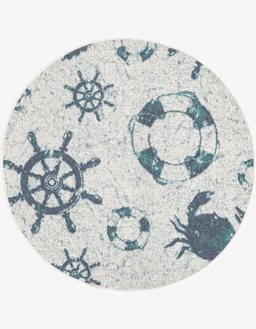 Ivory Easy-Clean Coastal Indoor / Outdoor Round Rug