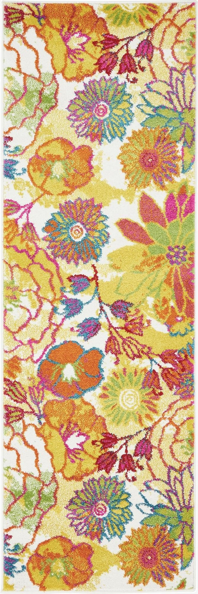 A 6 ft runner rug with a vibrant contemporary floral pattern on an ivory background, featuring large blooms in orange, yellow, pink, and green.