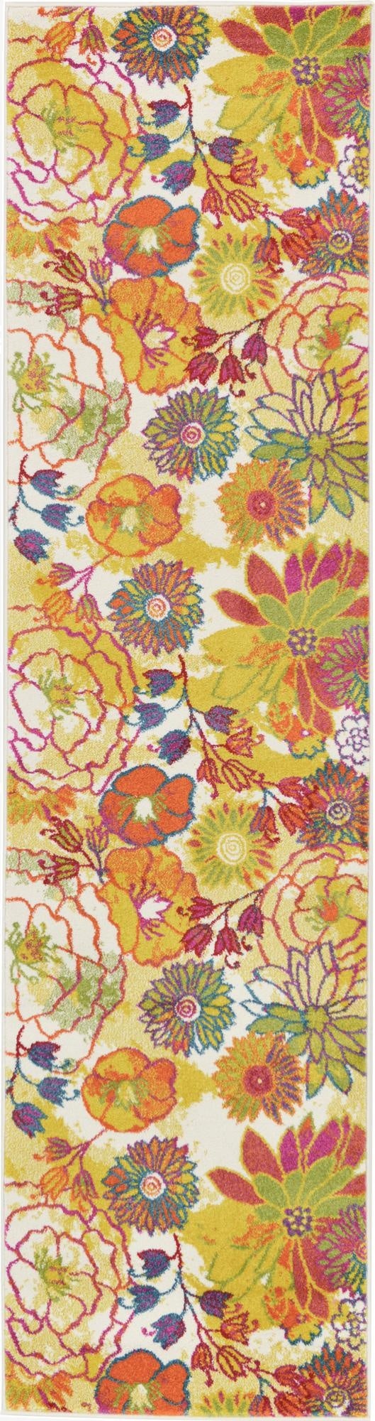 A 10 ft runner rug with a vibrant, contemporary floral pattern in shades of yellow, orange, pink, green, and blue on an ivory background, perfect for a hallway.