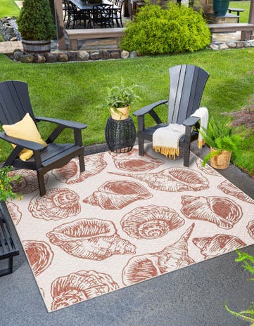 Ivory Rust Red Easy-Clean Coastal Indoor / Outdoor Square Rug