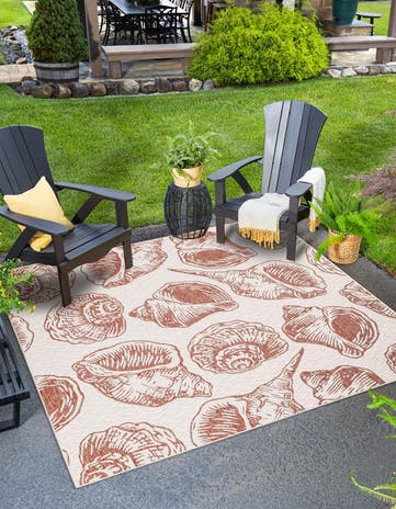 Ivory Rust Red Easy-Clean Coastal Indoor / Outdoor Square Rug