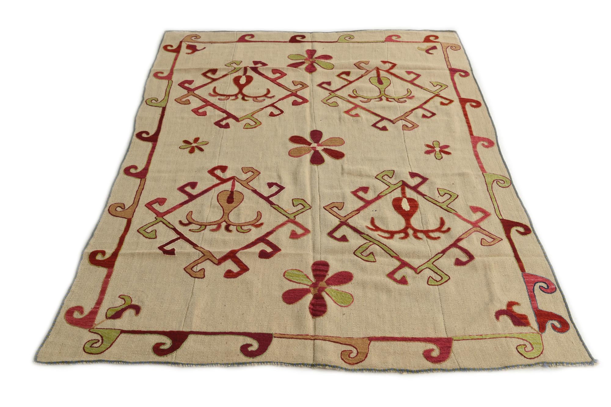 4' 10 x 6' 9 Hand Woven Kilim Suzani Wool Square Rug