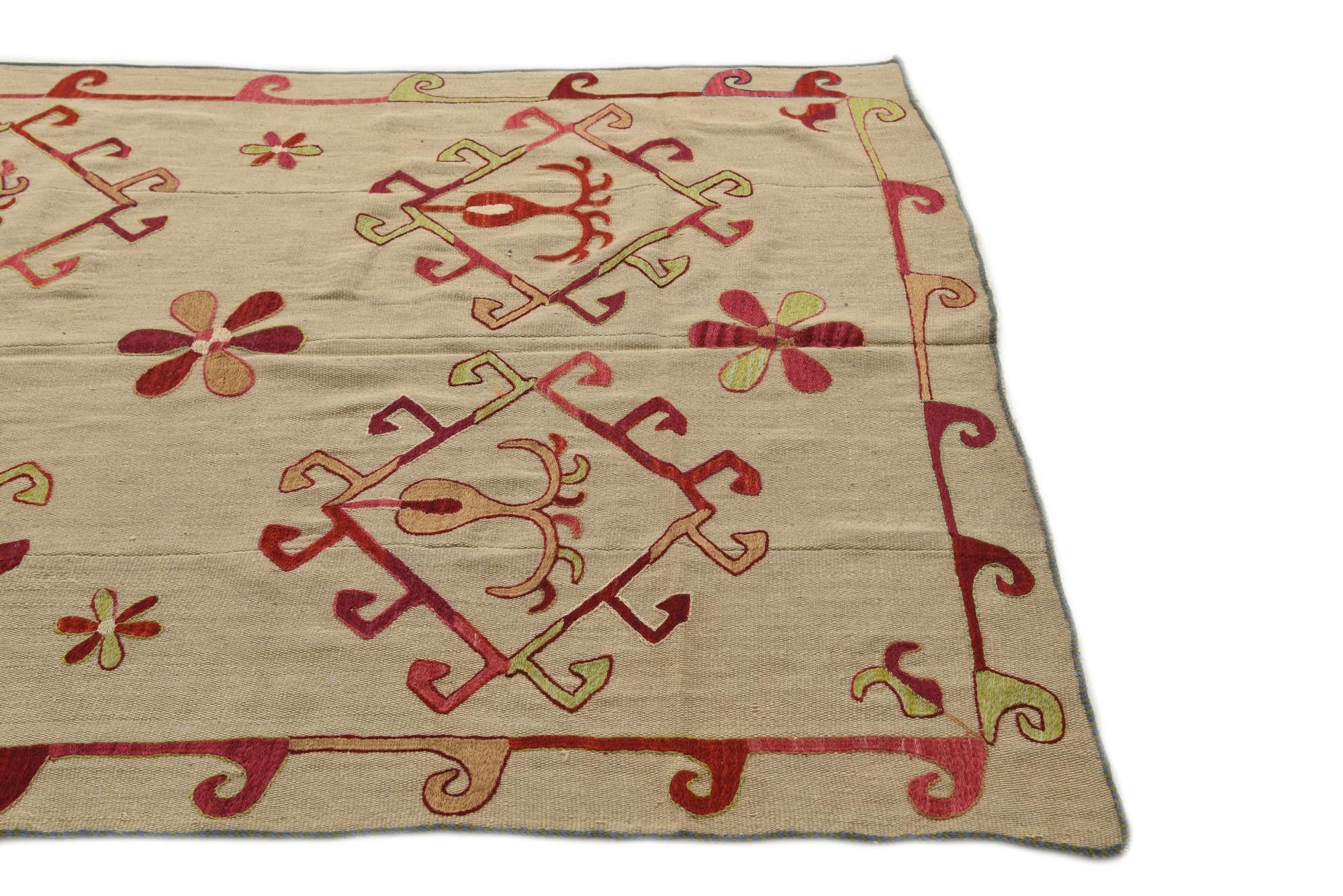 4' 10 x 6' 9 Hand Woven Kilim Suzani Wool Square Rug