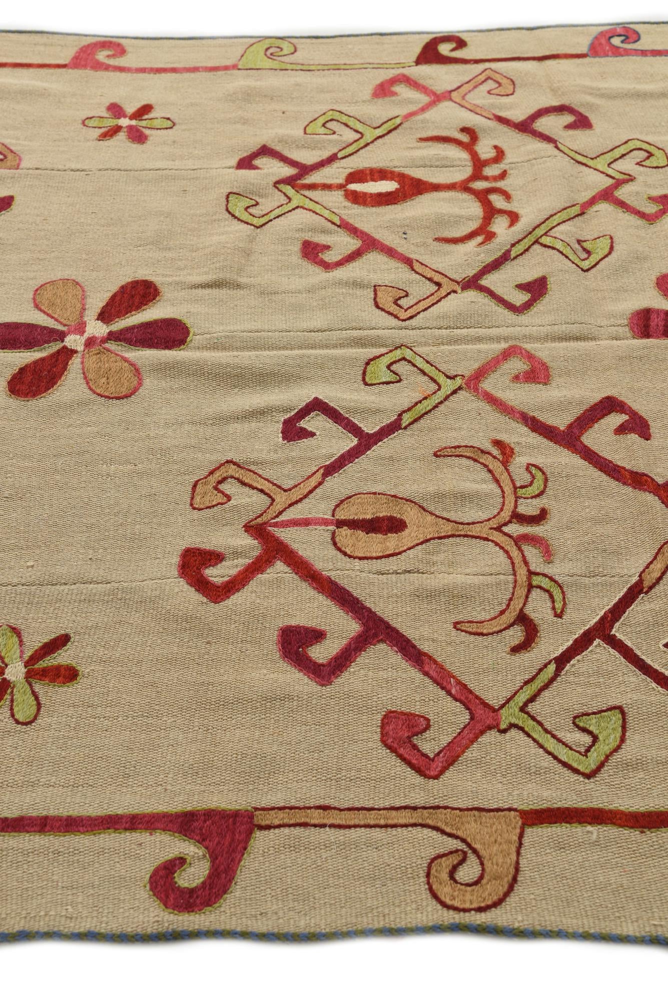 4' 10 x 6' 9 Hand Woven Kilim Suzani Wool Square Rug