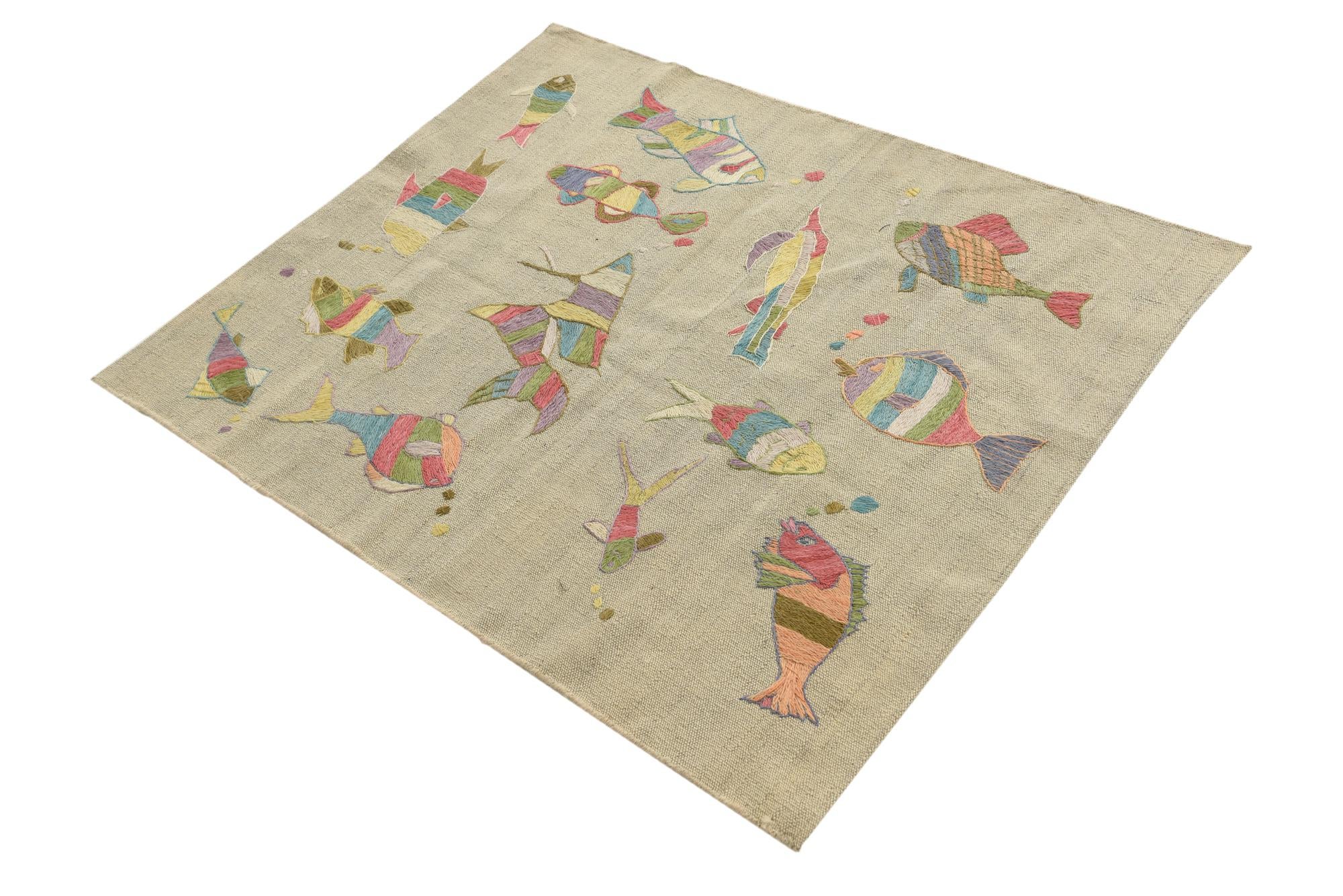 3' 3 x 3' 10 Hand Woven Kilim Suzani Wool Square Rug
