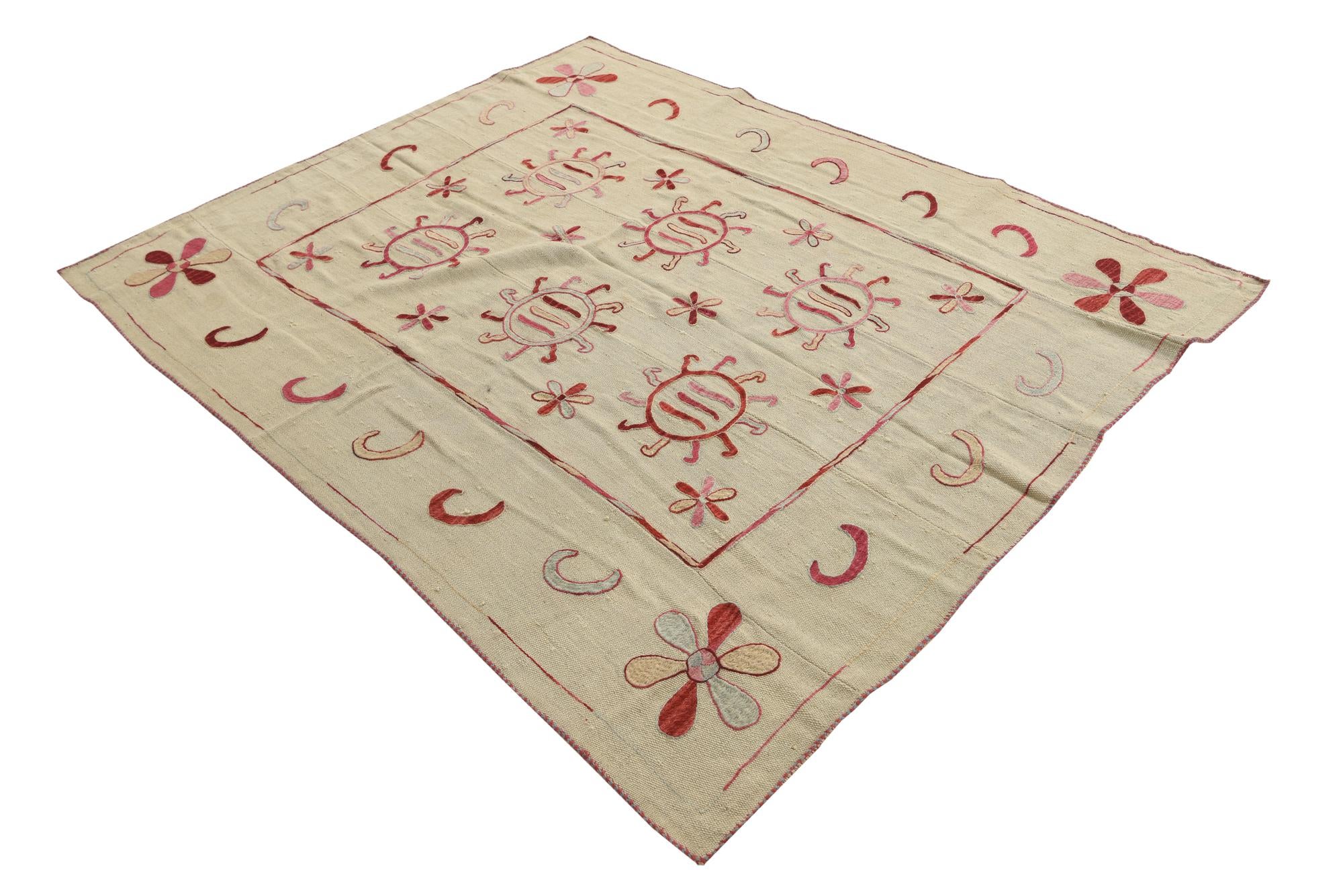 5' 4 x 6' 8 Hand Woven Kilim Suzani Wool Square Rug