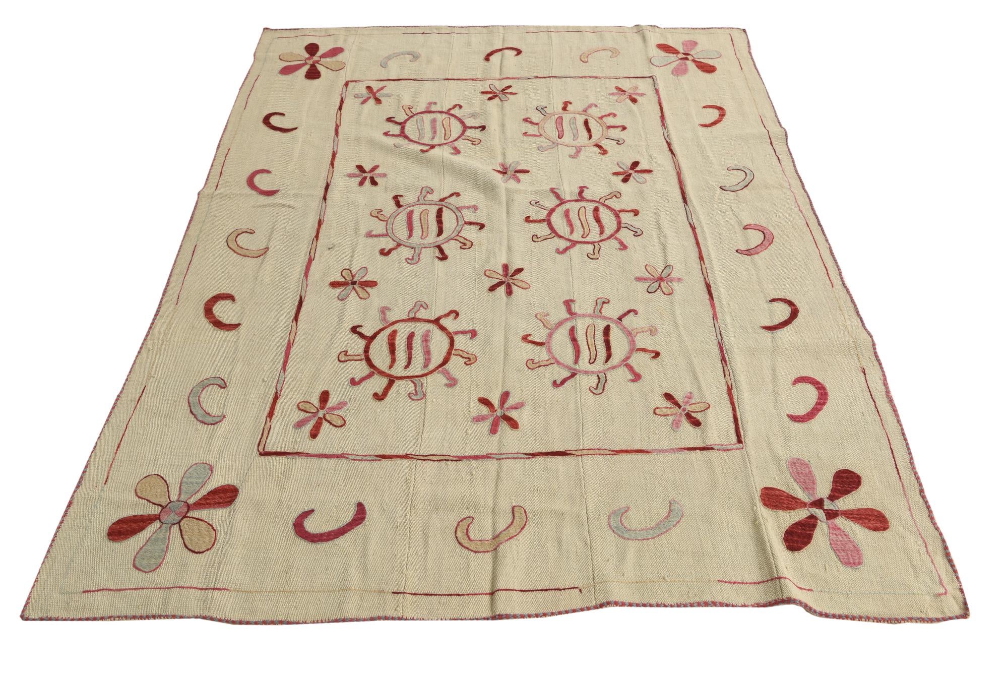 5' 4 x 6' 8 Hand Woven Kilim Suzani Wool Square Rug