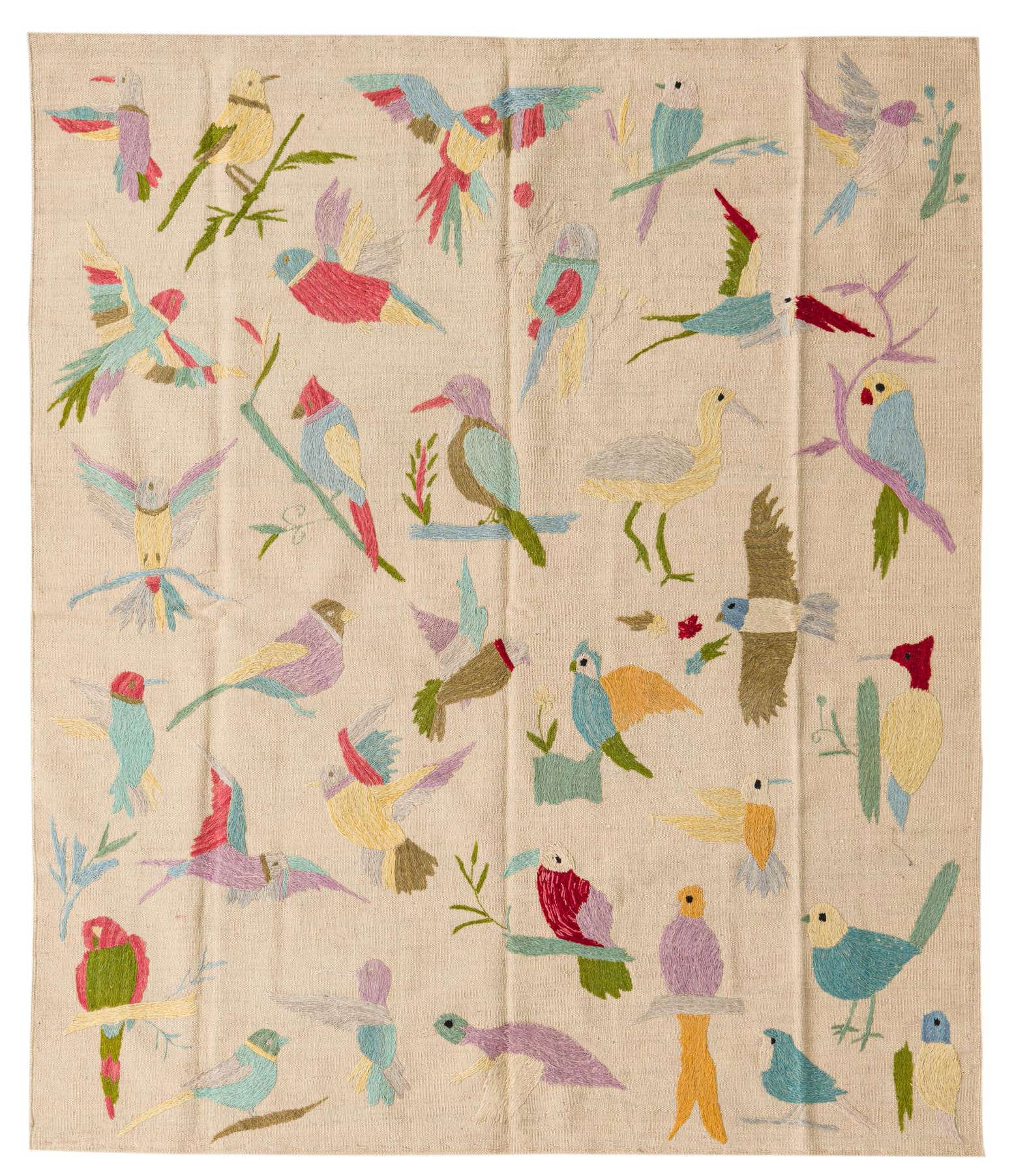 5' 2 x 6' 2 Hand Woven Kilim Suzani Wool Square Rug