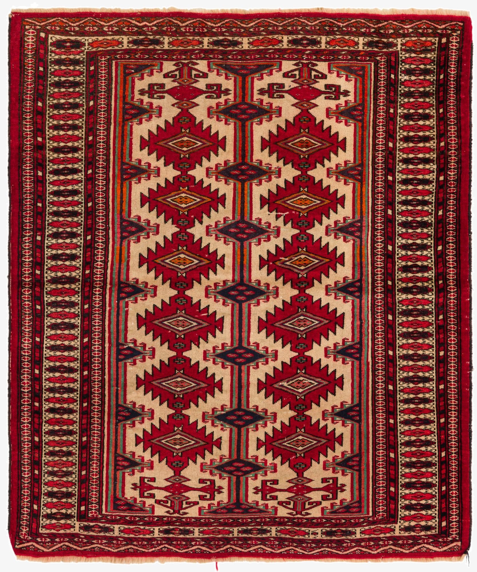 3' 9 x 4' 6  Hand Knotted Torkaman Persian Wool Square Rug