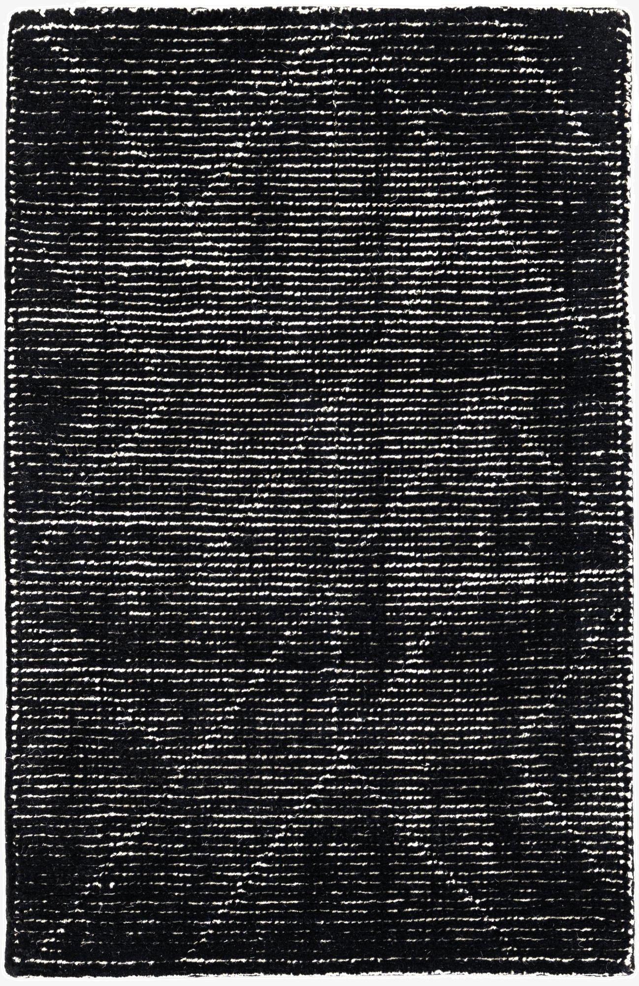 A 2x3 rectangular black wool rug with a textured, modern stripe pattern, suitable for indoor spaces.
