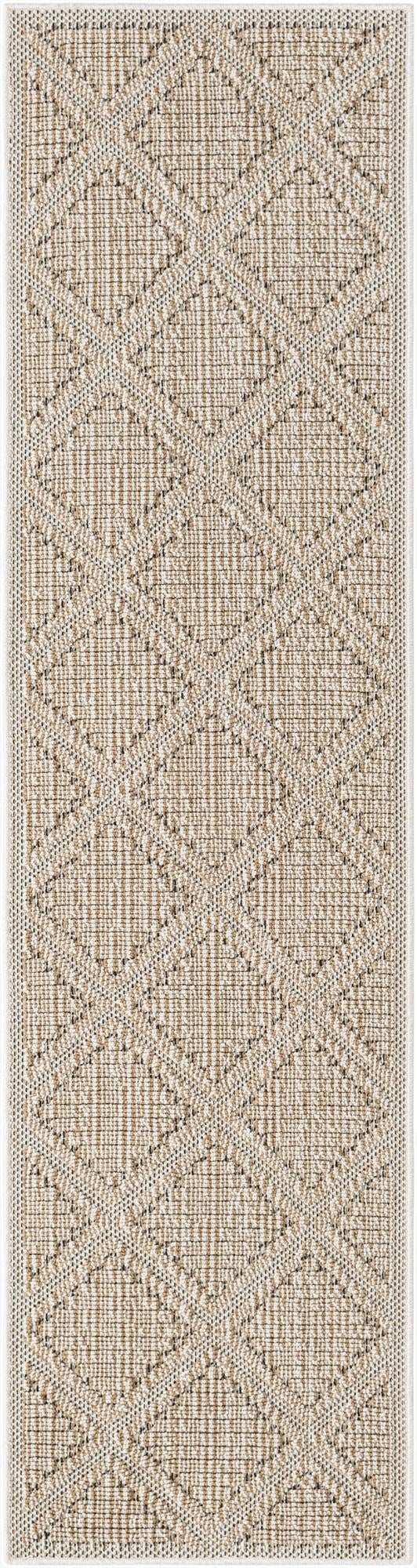A long 8 ft runner rug with a modern lattice pattern in alternating light brown and cream colors, suitable for a hallway or patio.