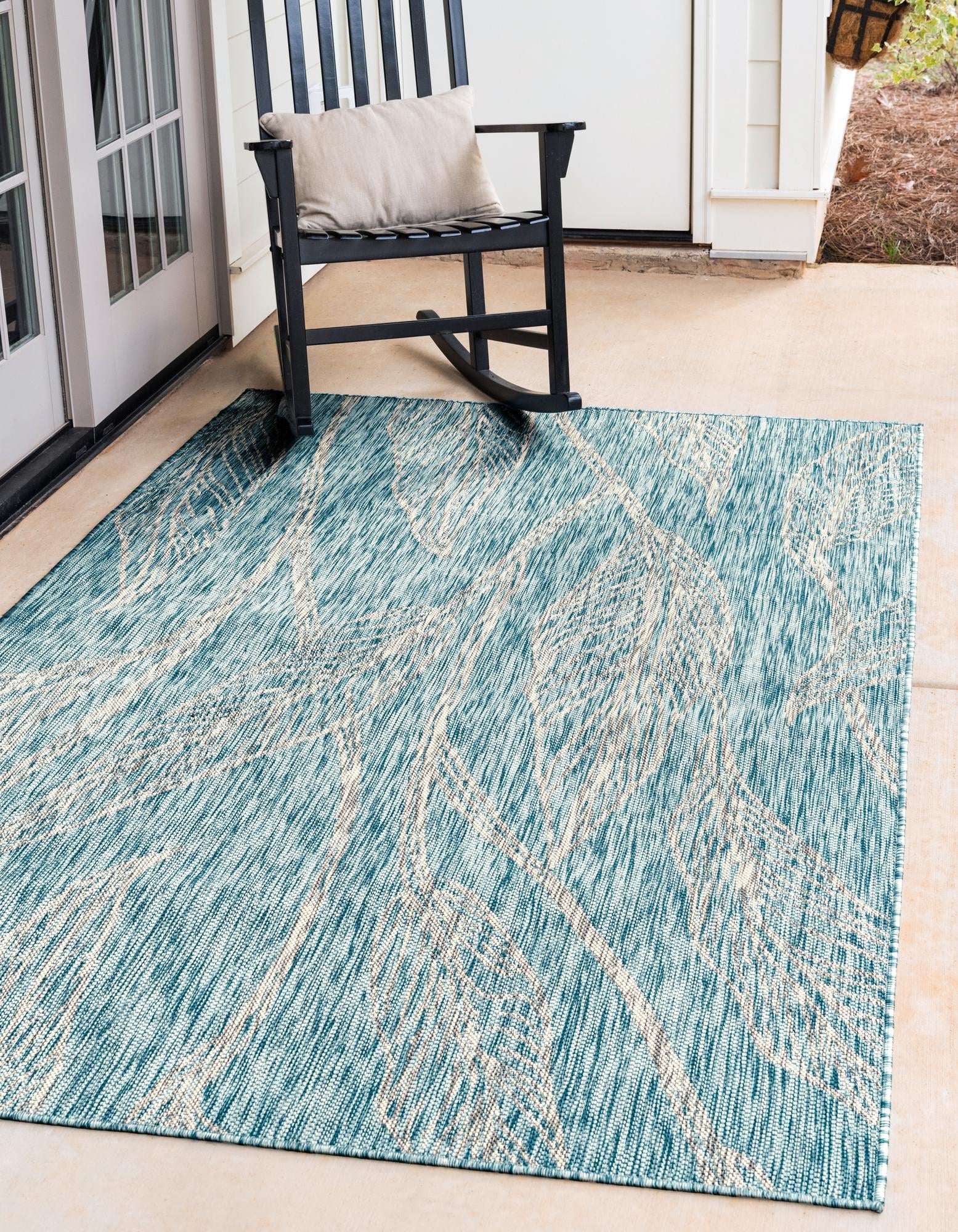 Custom Light Aqua  Washable Botanical Indoor / Outdoor Rug