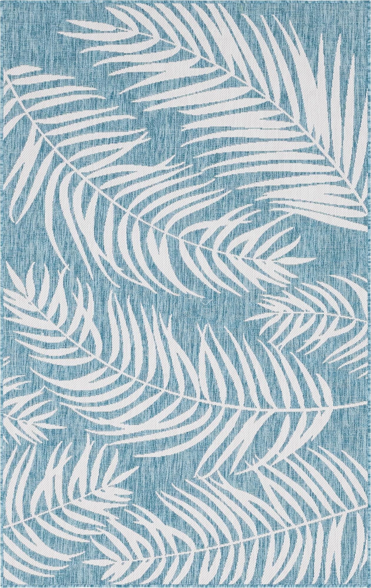 Custom Light Aqua  Washable Botanical Indoor / Outdoor Rug