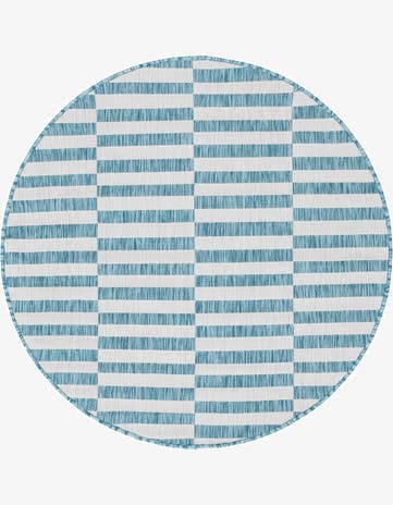 Light Aqua Easy-Clean Striped Indoor / Outdoor Round Rug