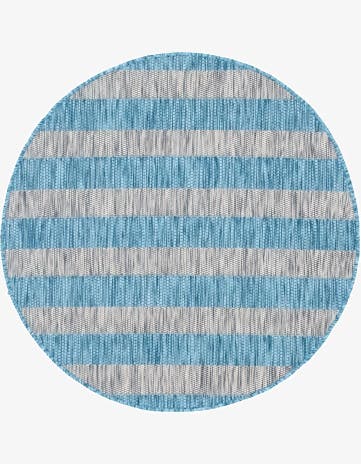 Light Aqua Easy-Clean Striped Indoor / Outdoor Round Rug