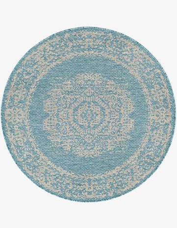 Light Aqua Easy-Clean Traditional Indoor / Outdoor Round Rug