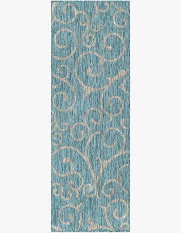Light Aqua Easy-Clean Botanical Indoor / Outdoor Runner Rug