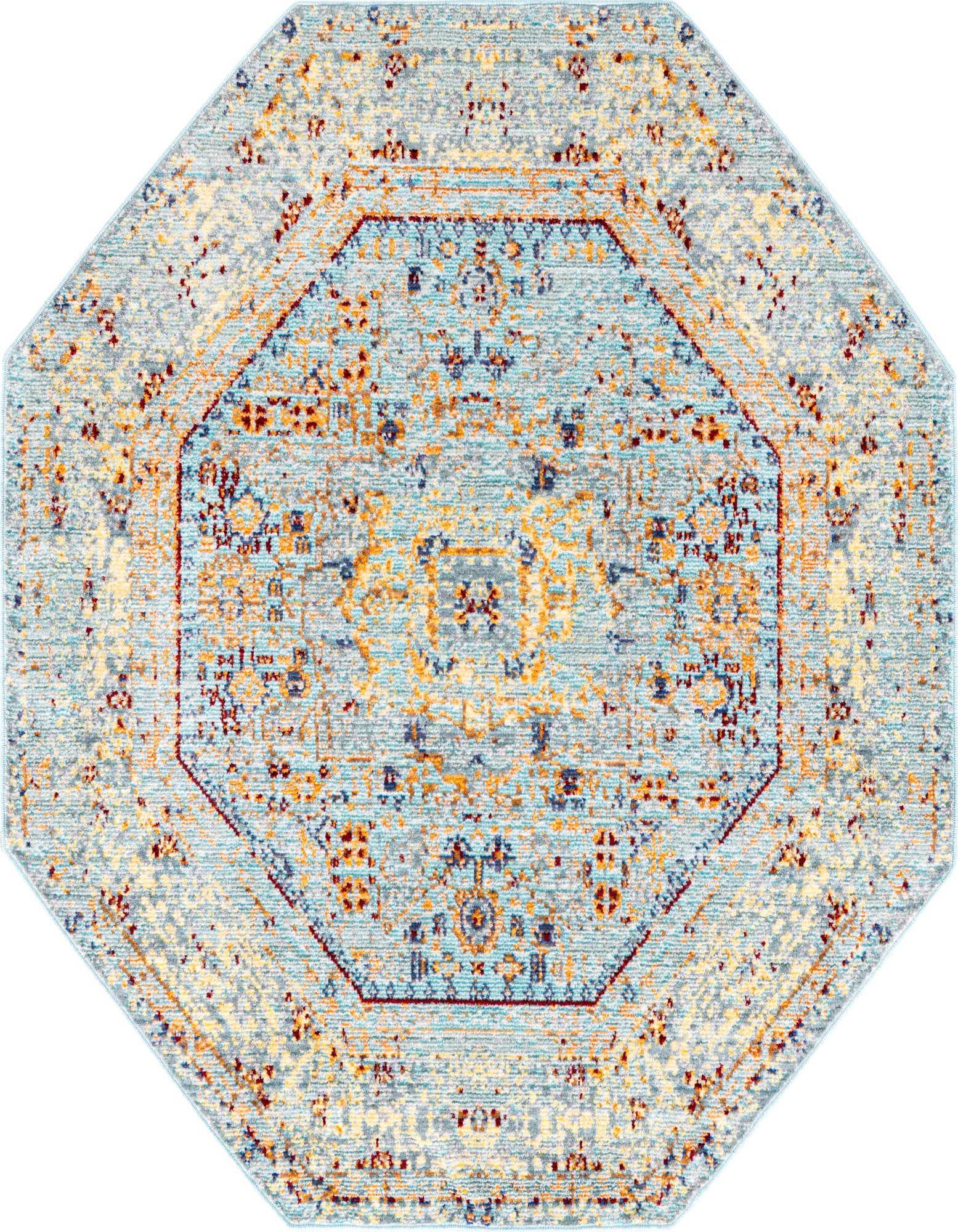 A 4x4 octagon light blue rug with a distressed traditional medallion pattern in shades of orange, cream, and navy.
