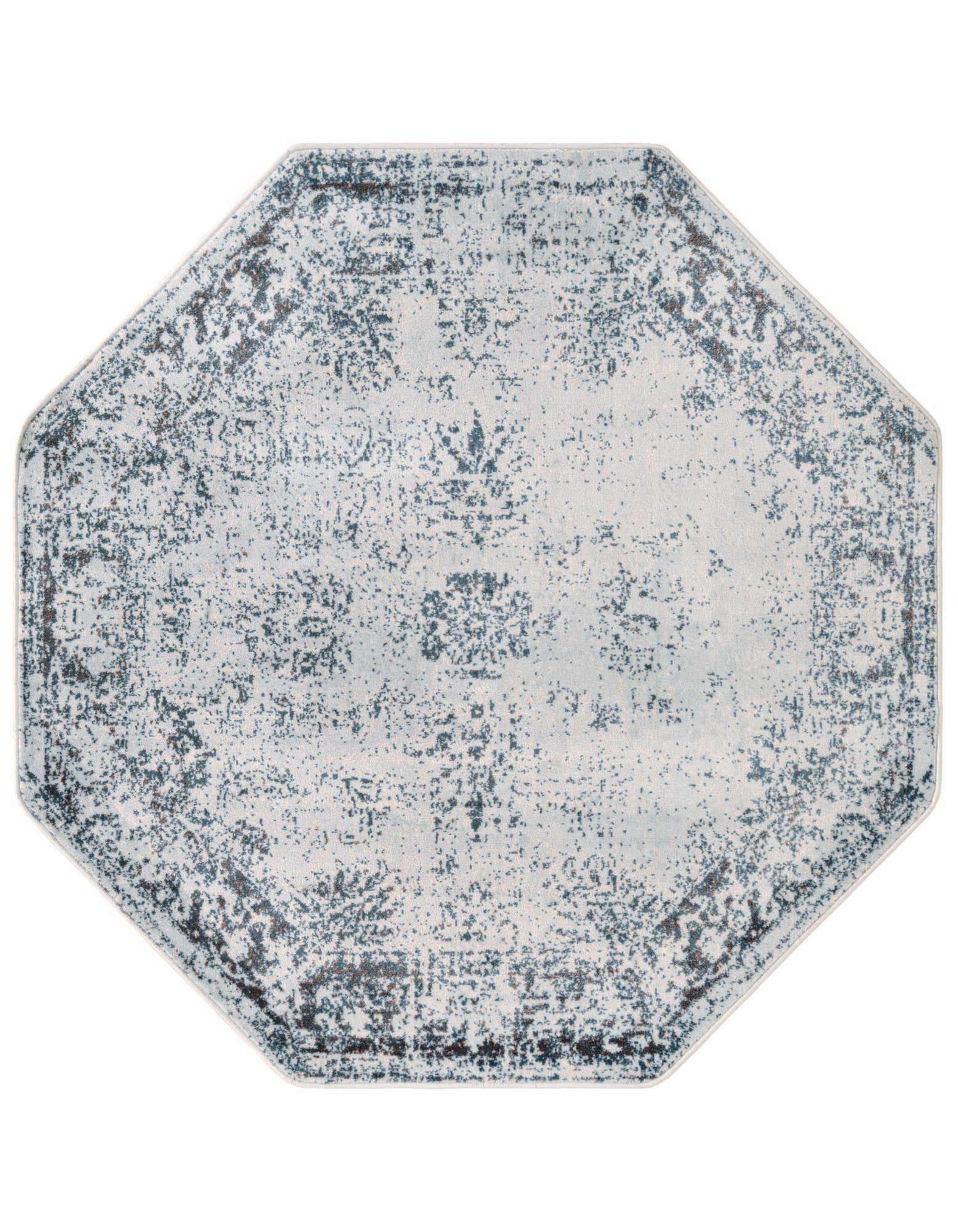 Octagon light blue and gray transitional area rug with a distressed medallion pattern, ideal for an indoor living space.