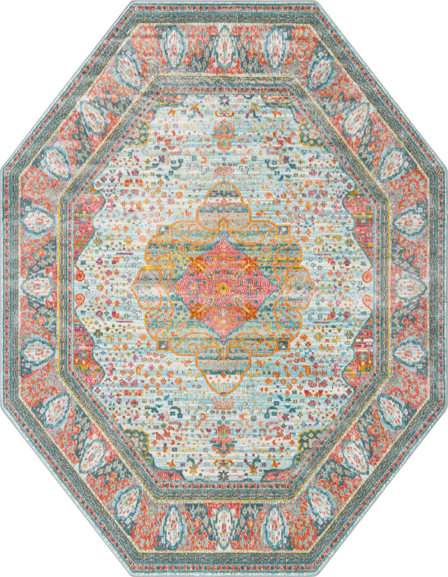 An 8' x 8' octagon rug with a light blue center, a vibrant orange and pink medallion, and a distressed traditional border.