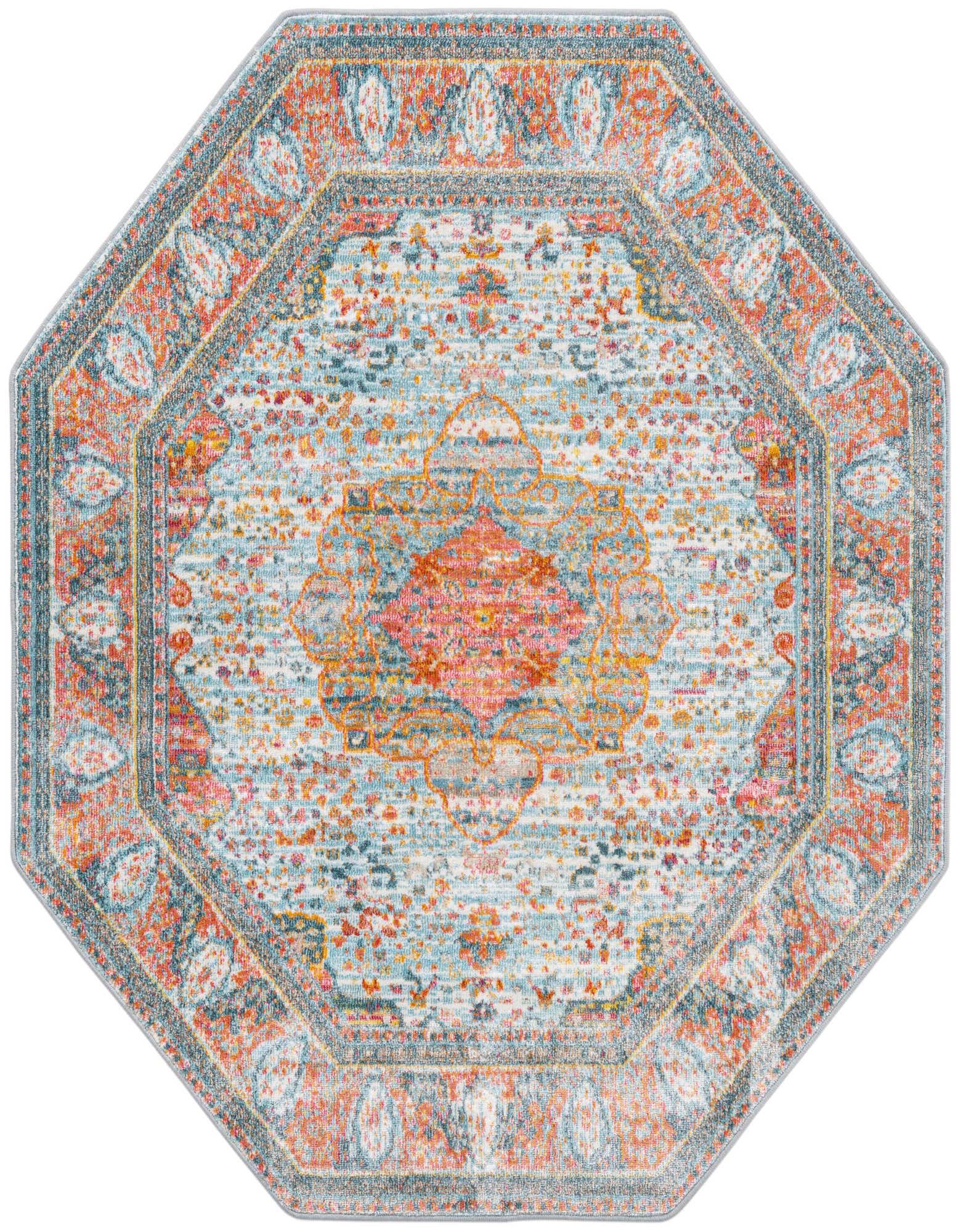 A 5' 0 x 5' 0 octagon rug with a traditional medallion pattern in blues, reds, and oranges, featuring a vintage distressed look.