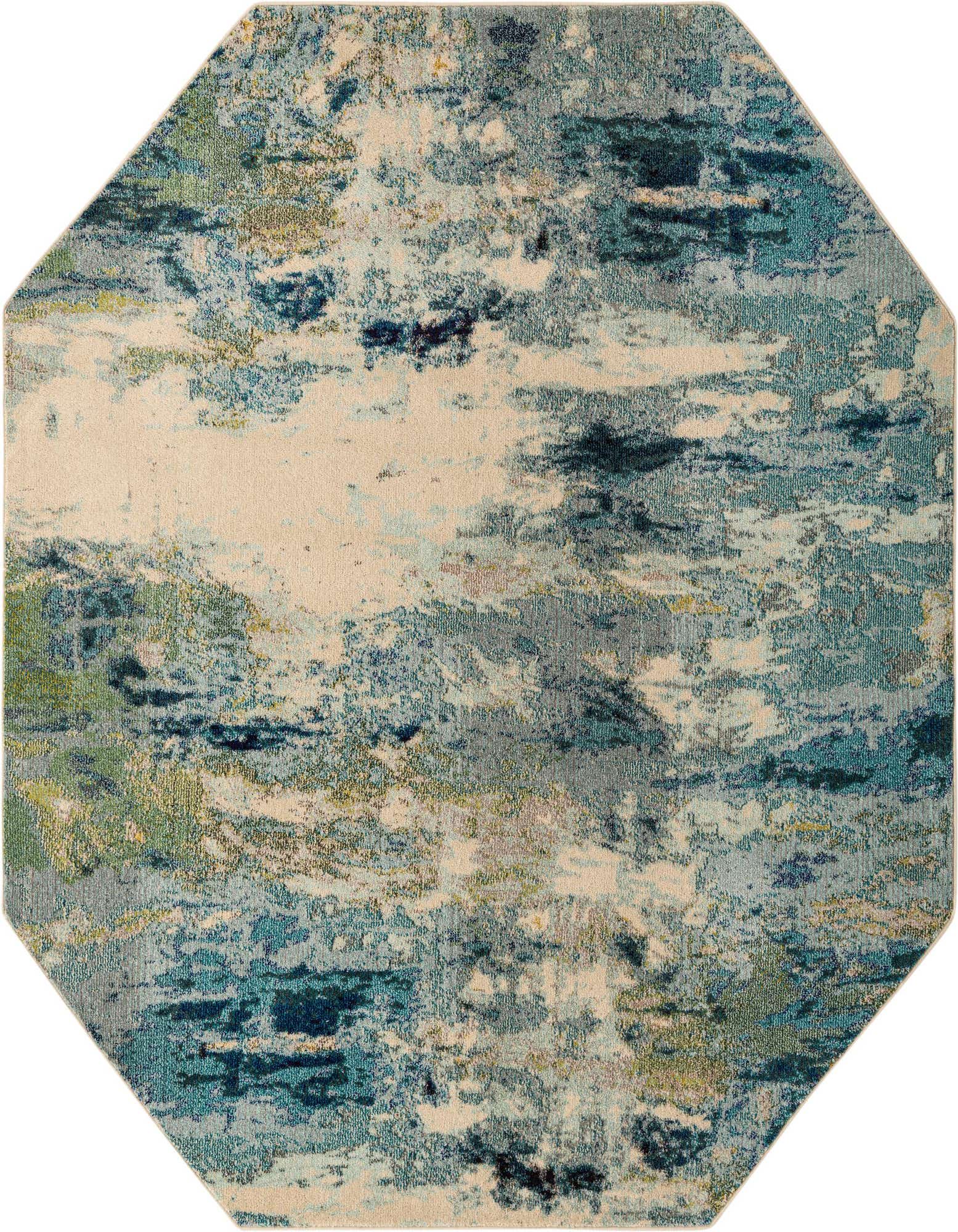 Octagon-shaped area rug with an abstract pattern in shades of blue, teal, green, and cream, suggesting a coastal or modern style.