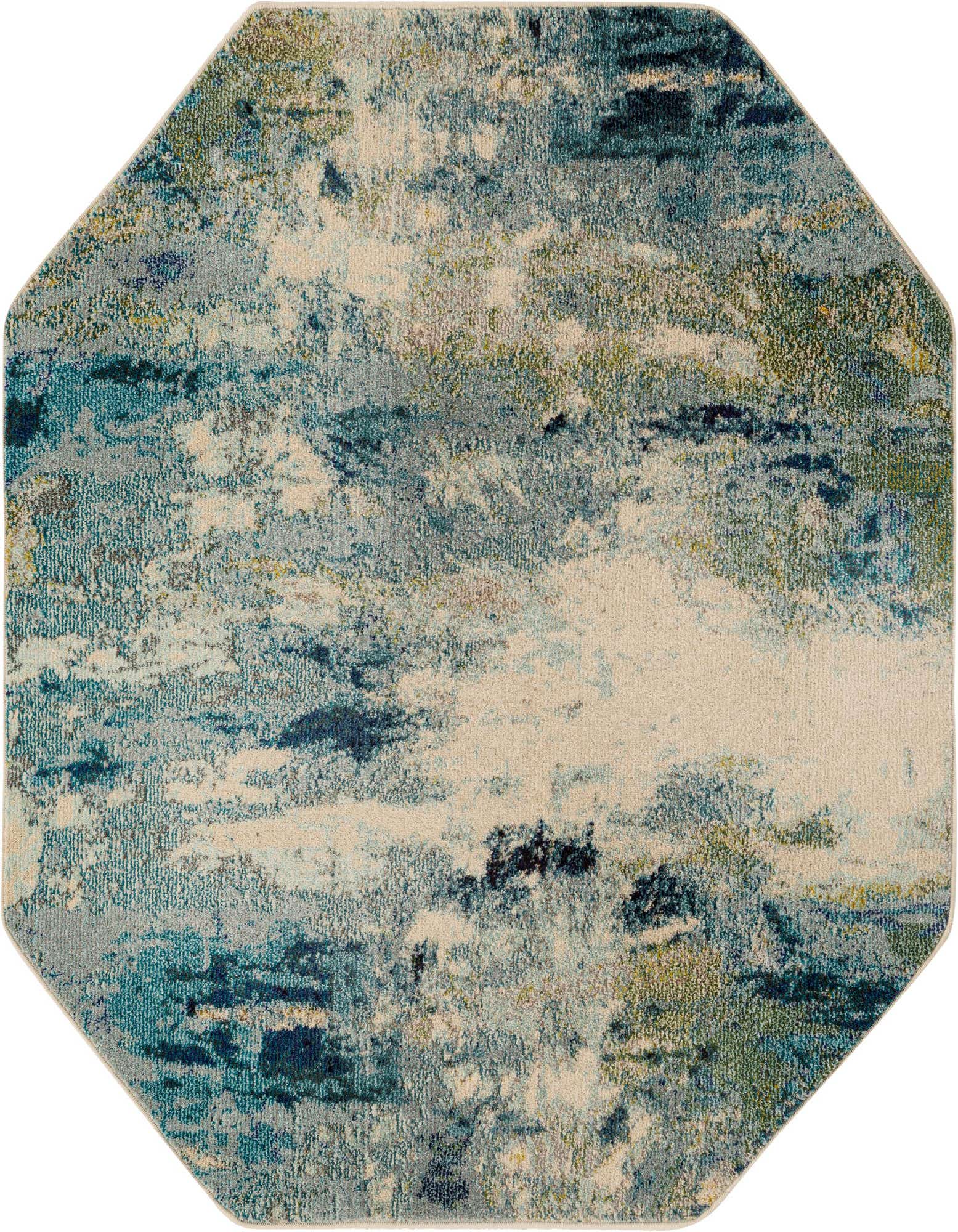 Octagon-shaped rug with an abstract pattern in varying shades of blue, teal, green, and cream, evoking a coastal or modern feel.