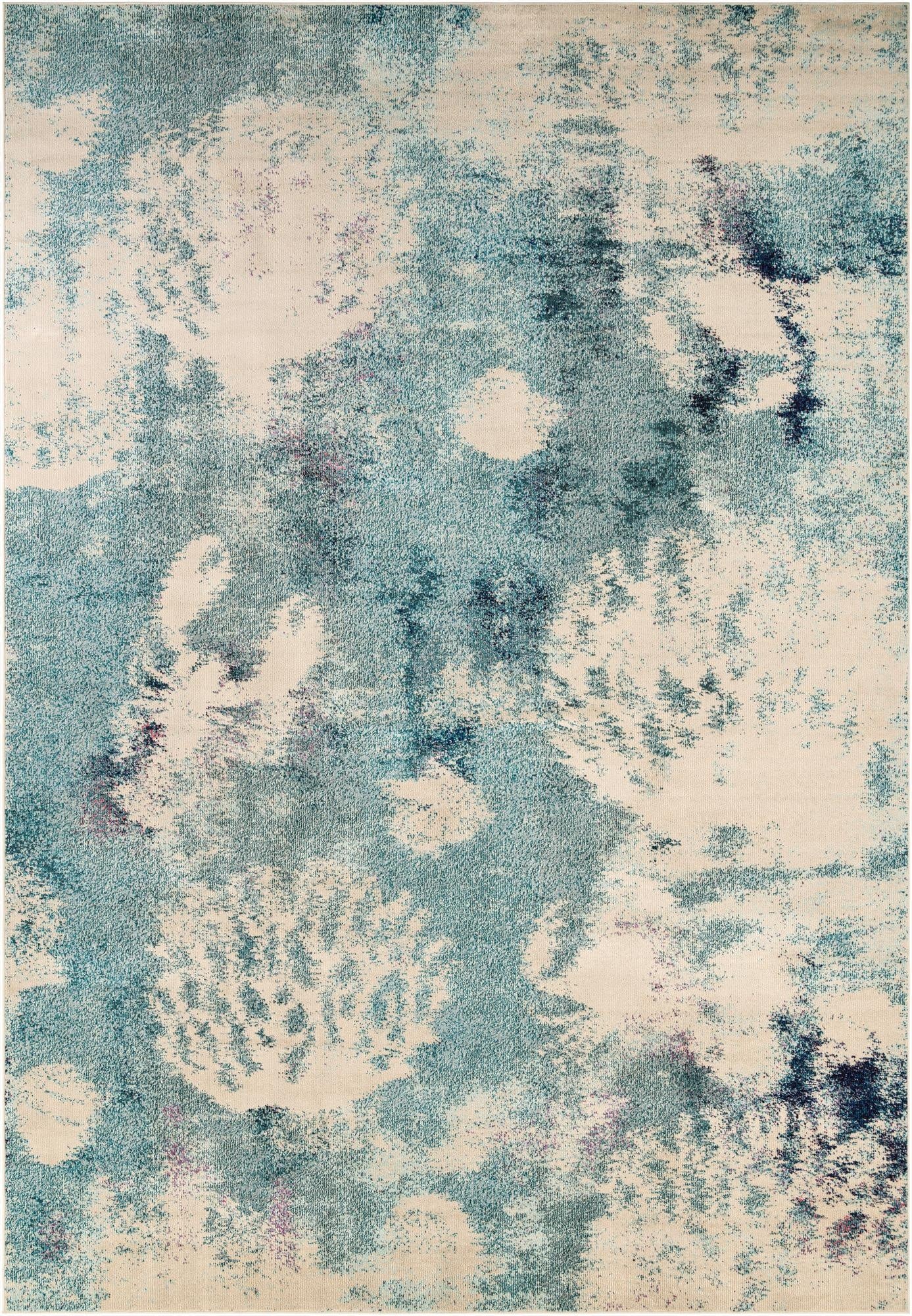 A 10x14 rectangular Rugs.com Amalfi rug featuring an abstract, distressed pattern in various shades of blue and cream.