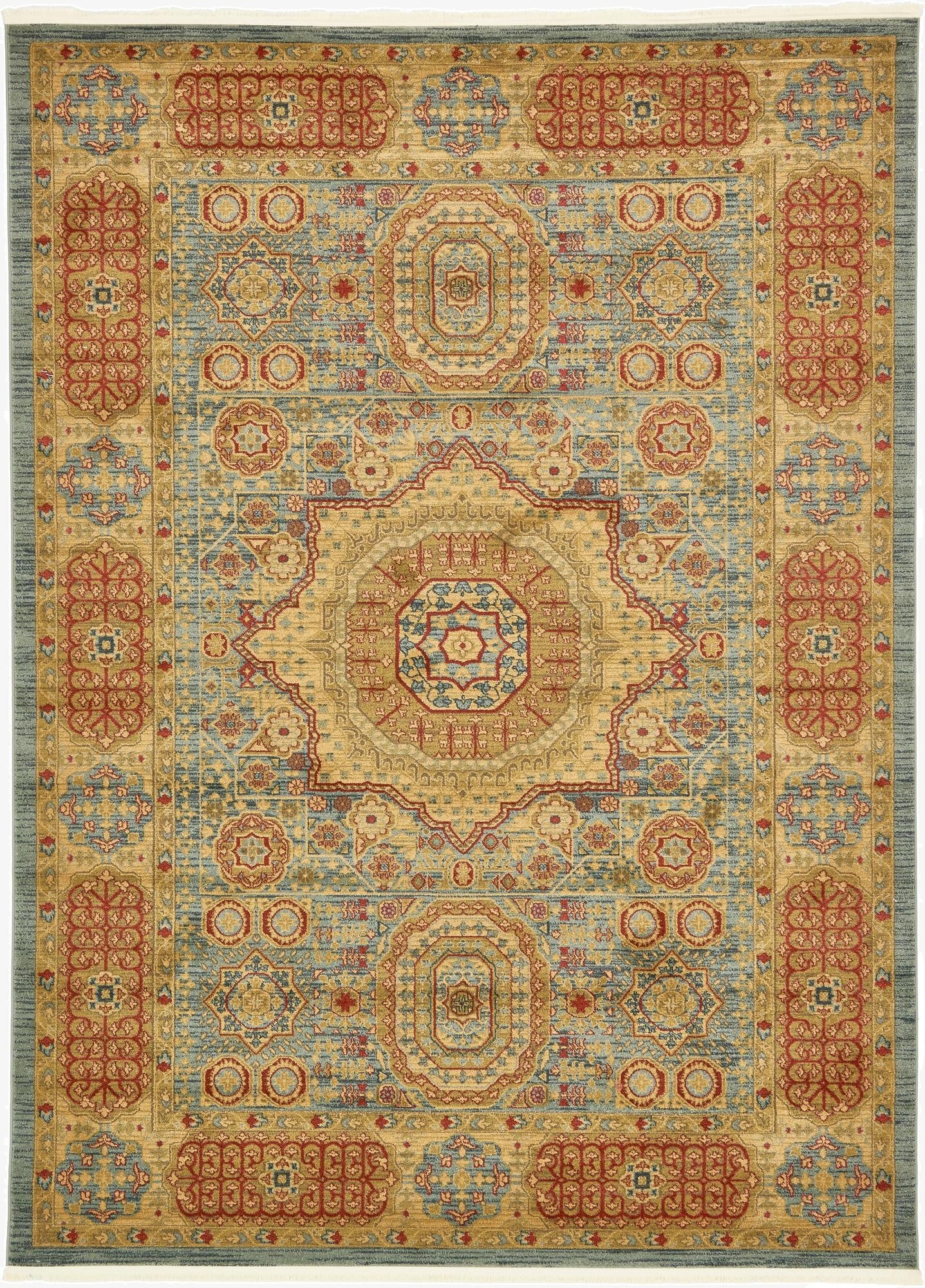 An 8x11 rectangular Amina rug featuring a traditional medallion pattern in light blue, gold, and red tones.