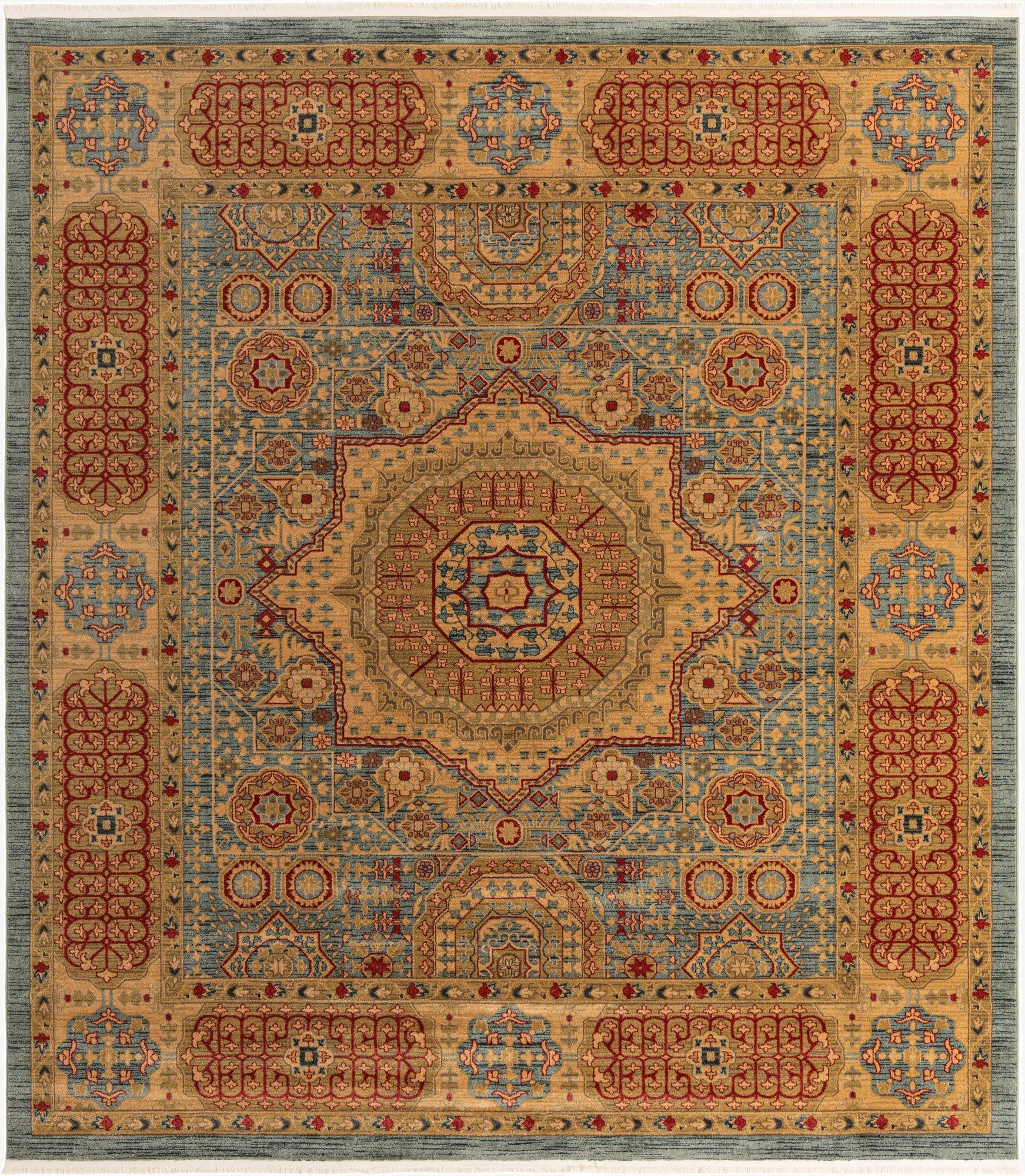 A 10x11 rectangular Amina rug featuring a complex medallion and botanical pattern in blues, gold, and red.