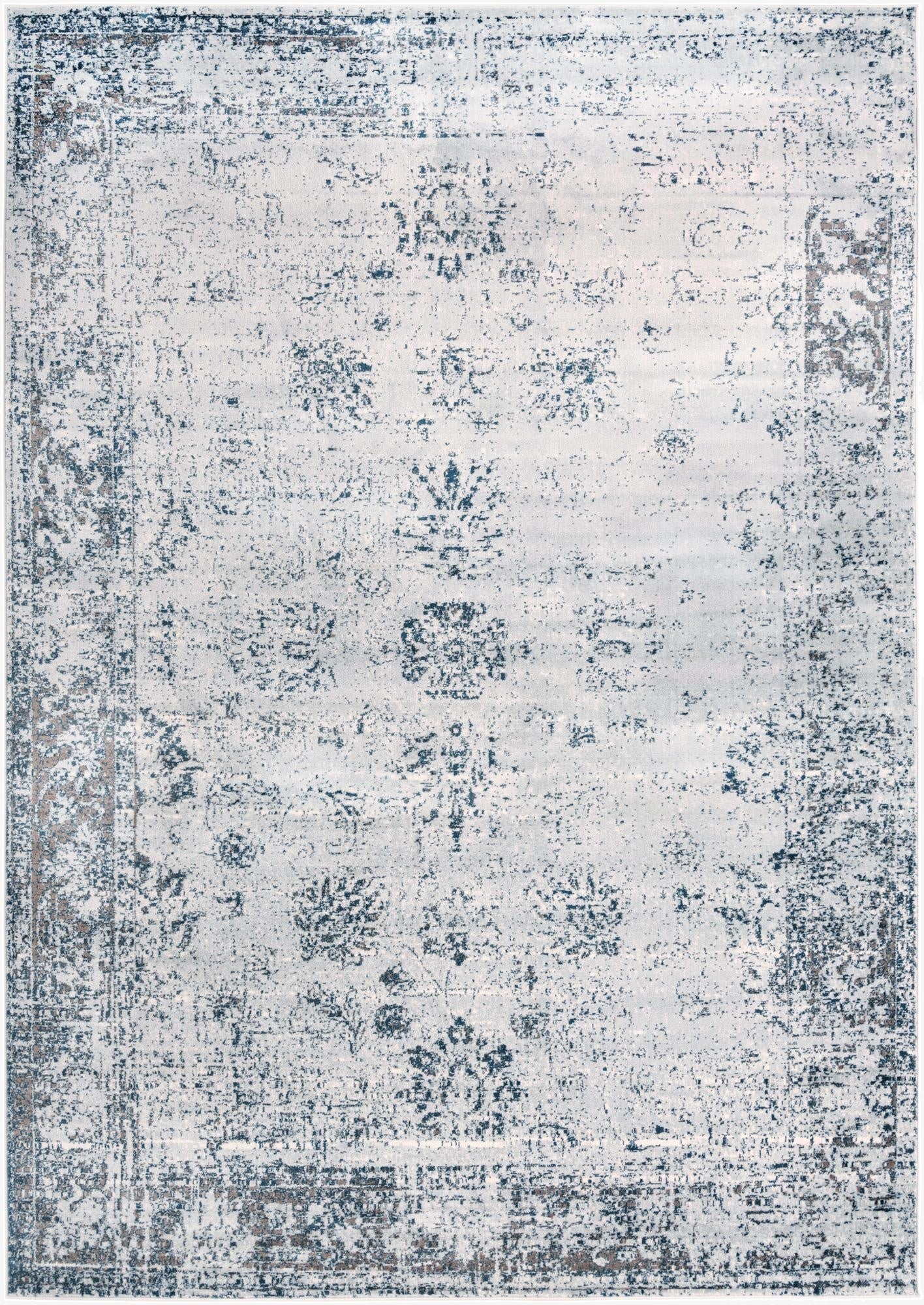 A 10x14 rectangular light blue and gray transitional rug with a distressed medallion pattern, suitable for a living room.