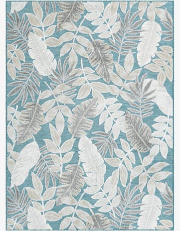 Light Blue Easy-Clean Botanical Indoor / Outdoor Rug