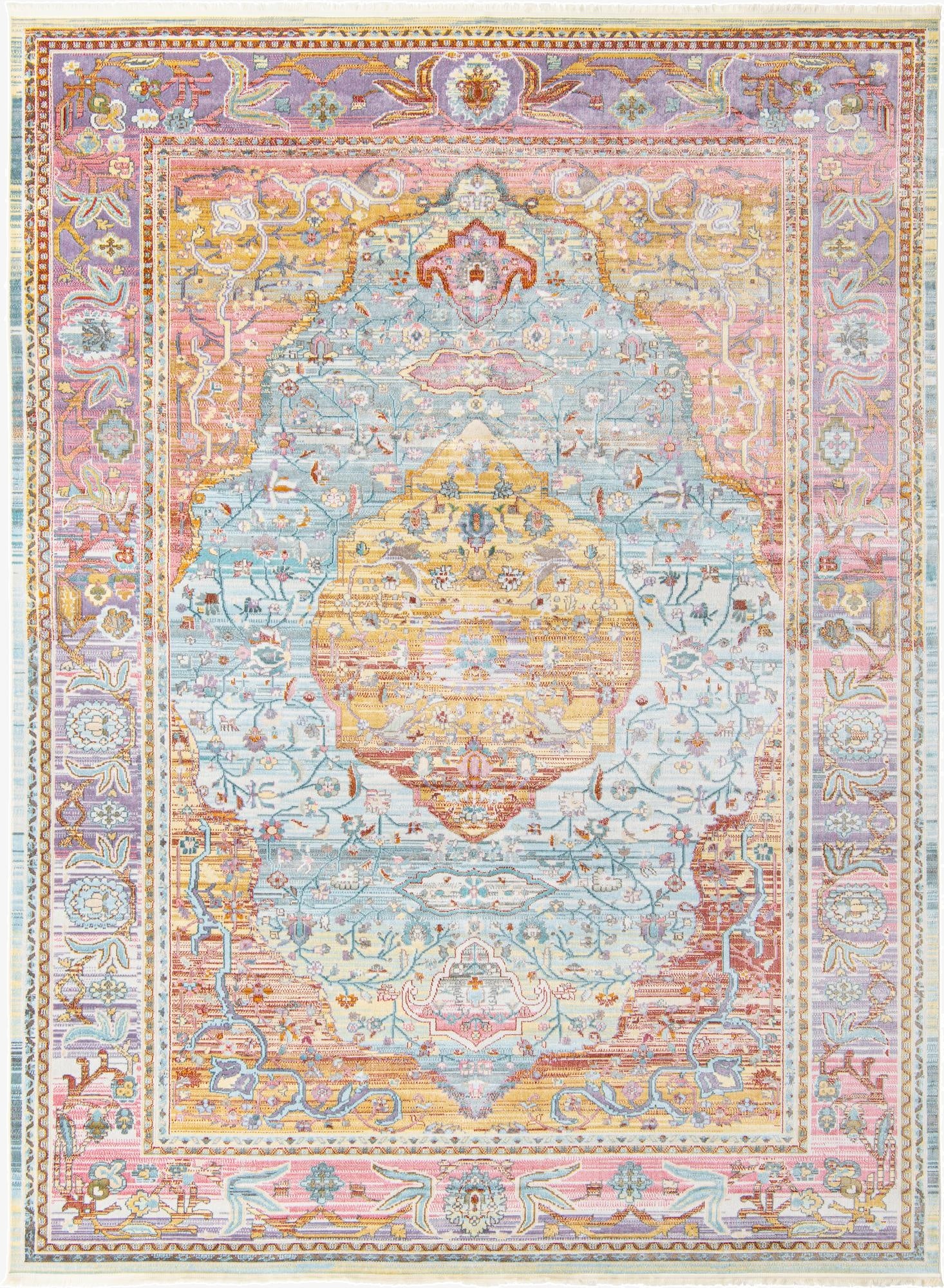 A large 10x13 rectangular Santiago rug featuring a distressed bohemian medallion pattern in light blue, pink, orange, and yellow.