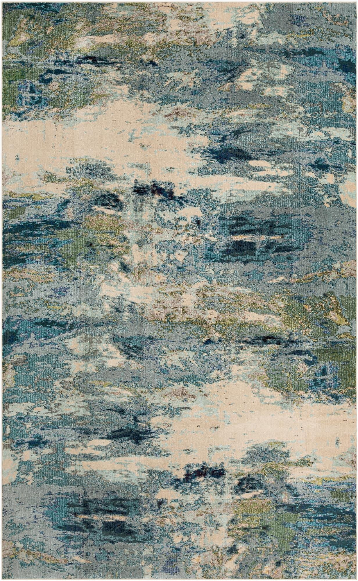 Rectangular Theia Palace rug with an abstract pattern in varying shades of blue, green, and beige, suitable for a living room.