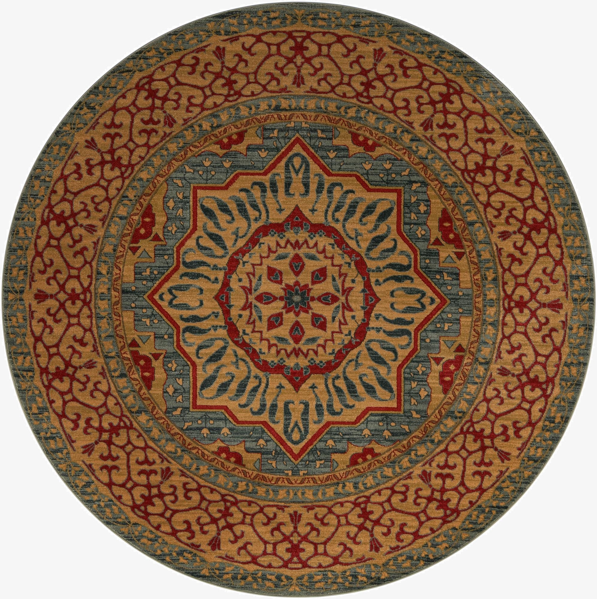 A round 8' light blue and gold traditional rug with a central medallion and intricate botanical patterns.