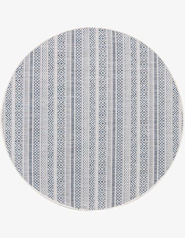 Light Blue Easy-Clean Striped Indoor / Outdoor Round Rug