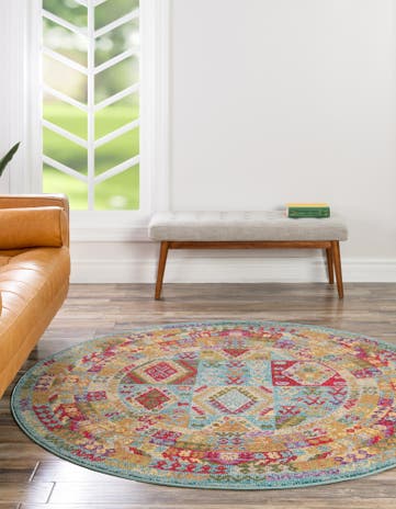 Light Blue Washable Santa Fe Round Rug