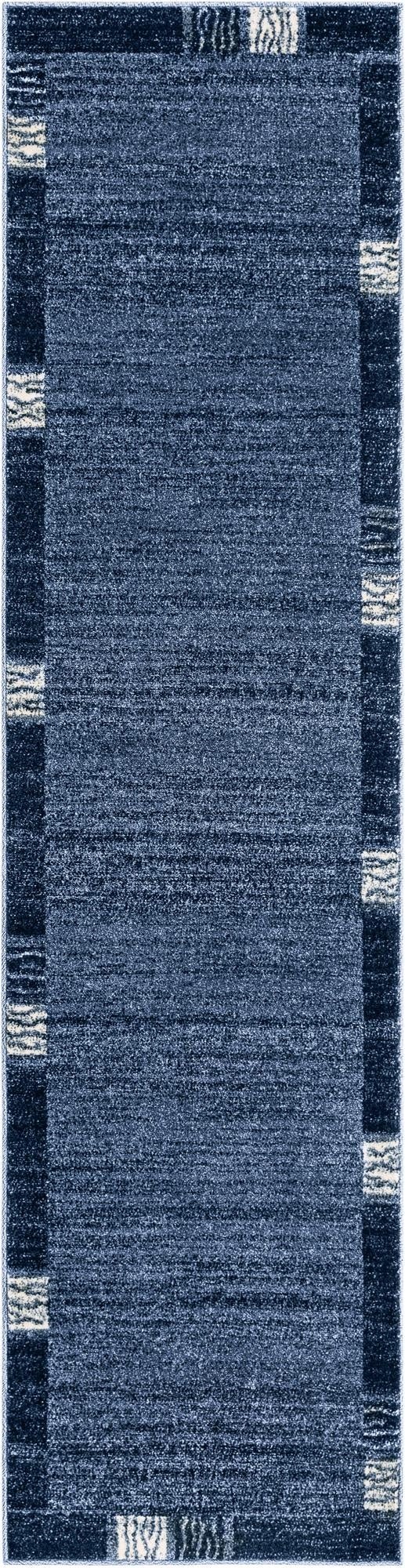 A 10 ft runner rug from the Angelica collection in varying shades of blue with a striped border, perfect for a hallway.