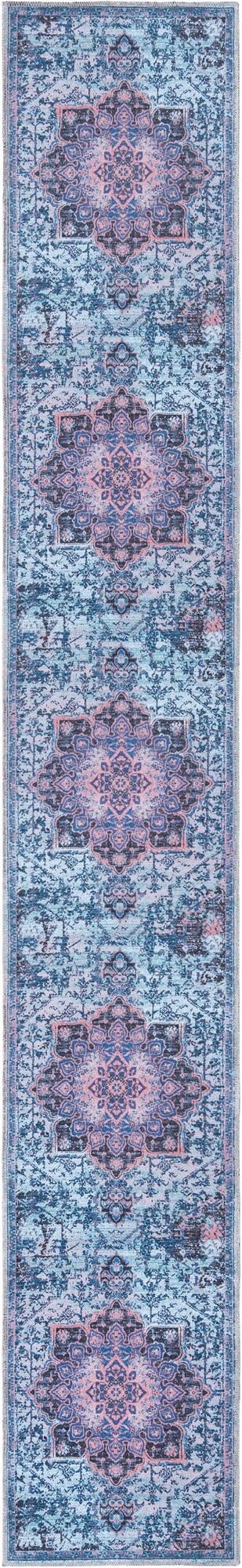 A 13 ft runner rug from the Francesca Collection, featuring a distressed traditional medallion pattern in shades of blue and pink, ideal for a hallway.