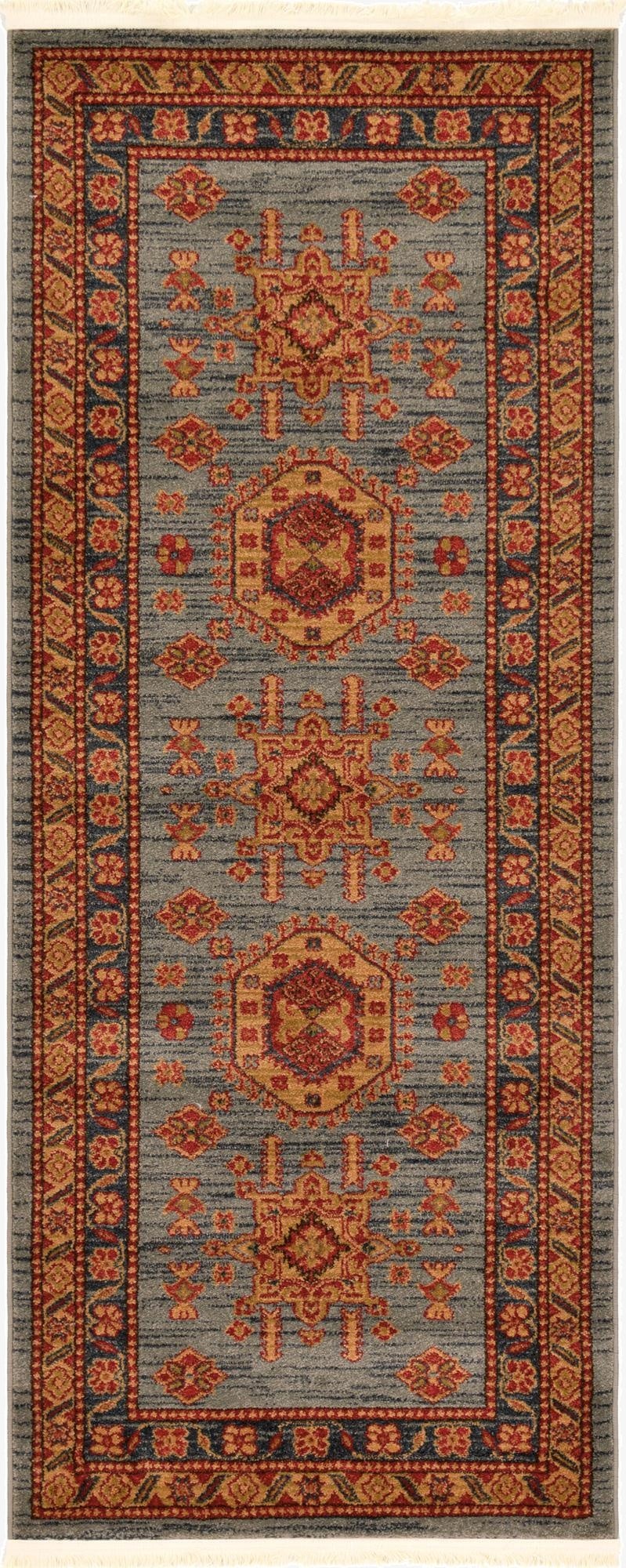 A 7 ft runner rug featuring a light blue field with traditional tribal medallions in red and gold, bordered by intricate patterns.