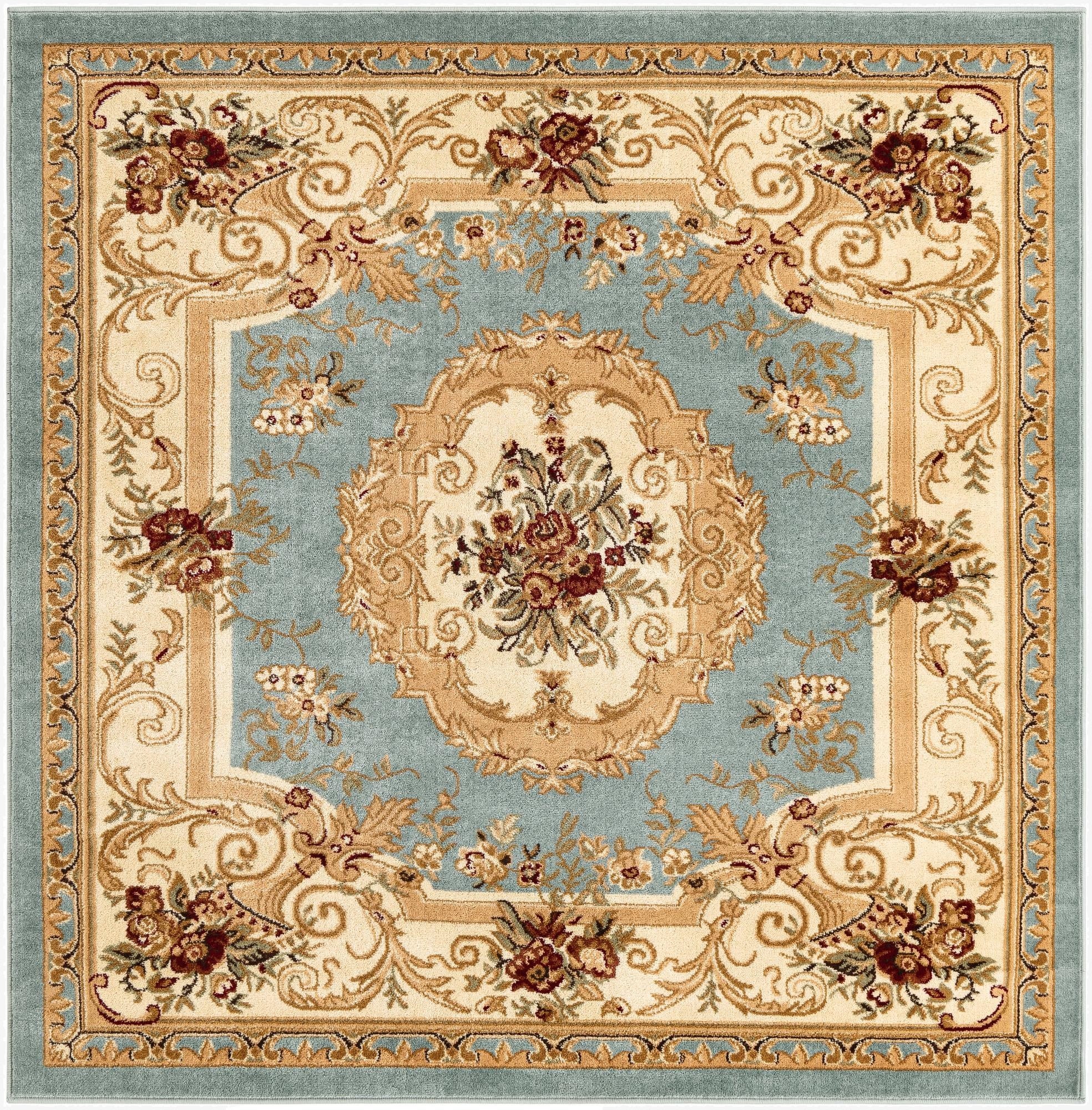 A 6'x6' square light blue and cream traditional rug with a central medallion and botanical floral patterns.