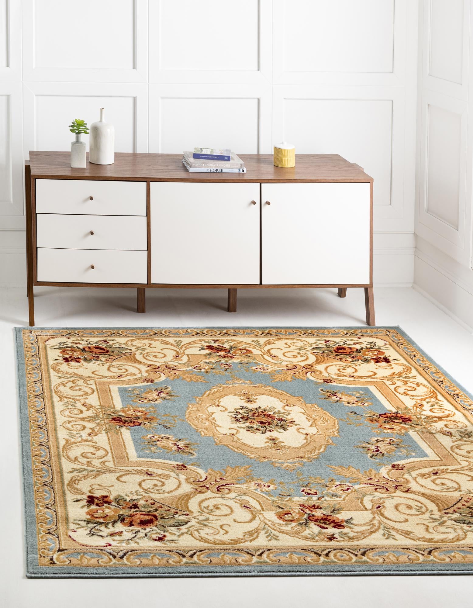 Light Blue Classic Aubusson Square Rug