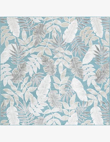 Light Blue Easy-Clean Botanical Indoor / Outdoor Square Rug