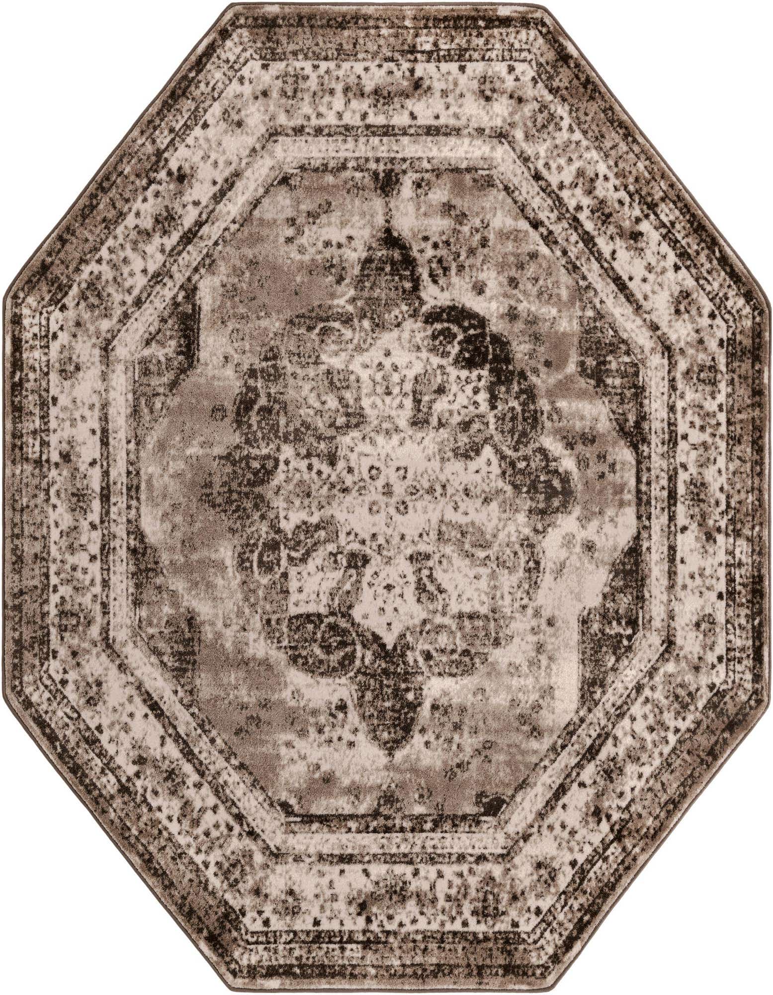 Octagon-shaped area rug with a distressed brown and tan medallion pattern, featuring a vintage transitional style.