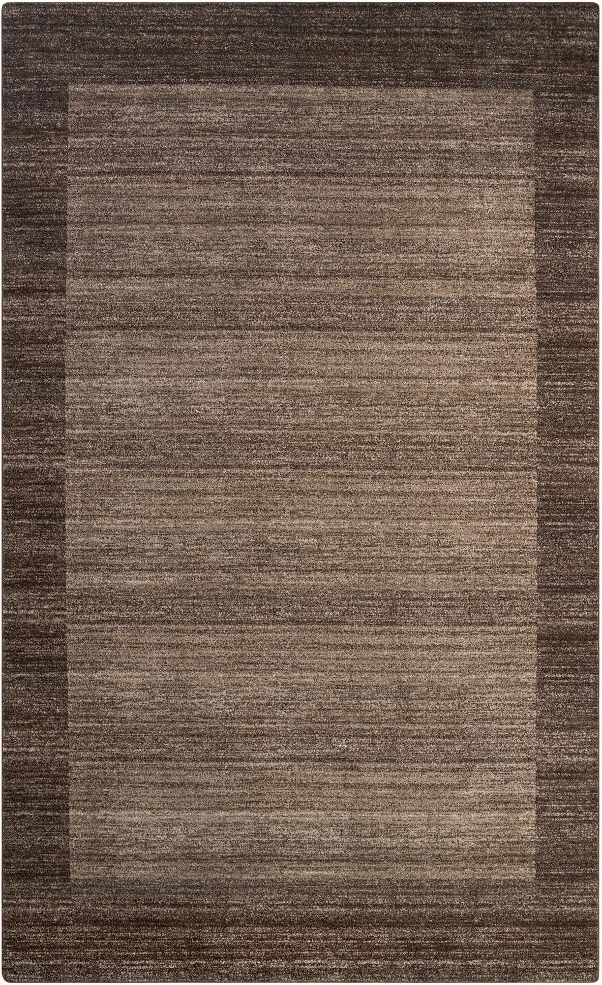 A 10x16 rectangular brown modern area rug with an abstract, subtle striped pattern and a darker brown border.