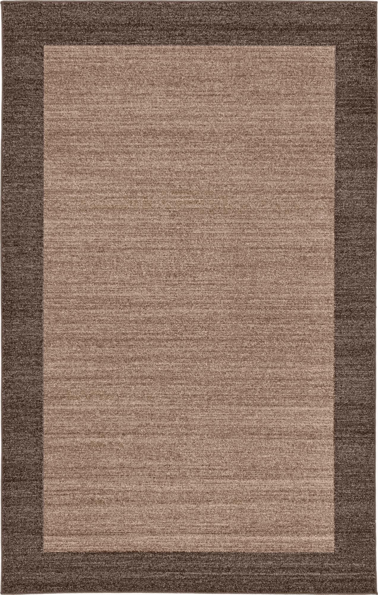 A 5x8 rectangular area rug featuring a solid tan center bordered by a darker brown, suitable for a living room.