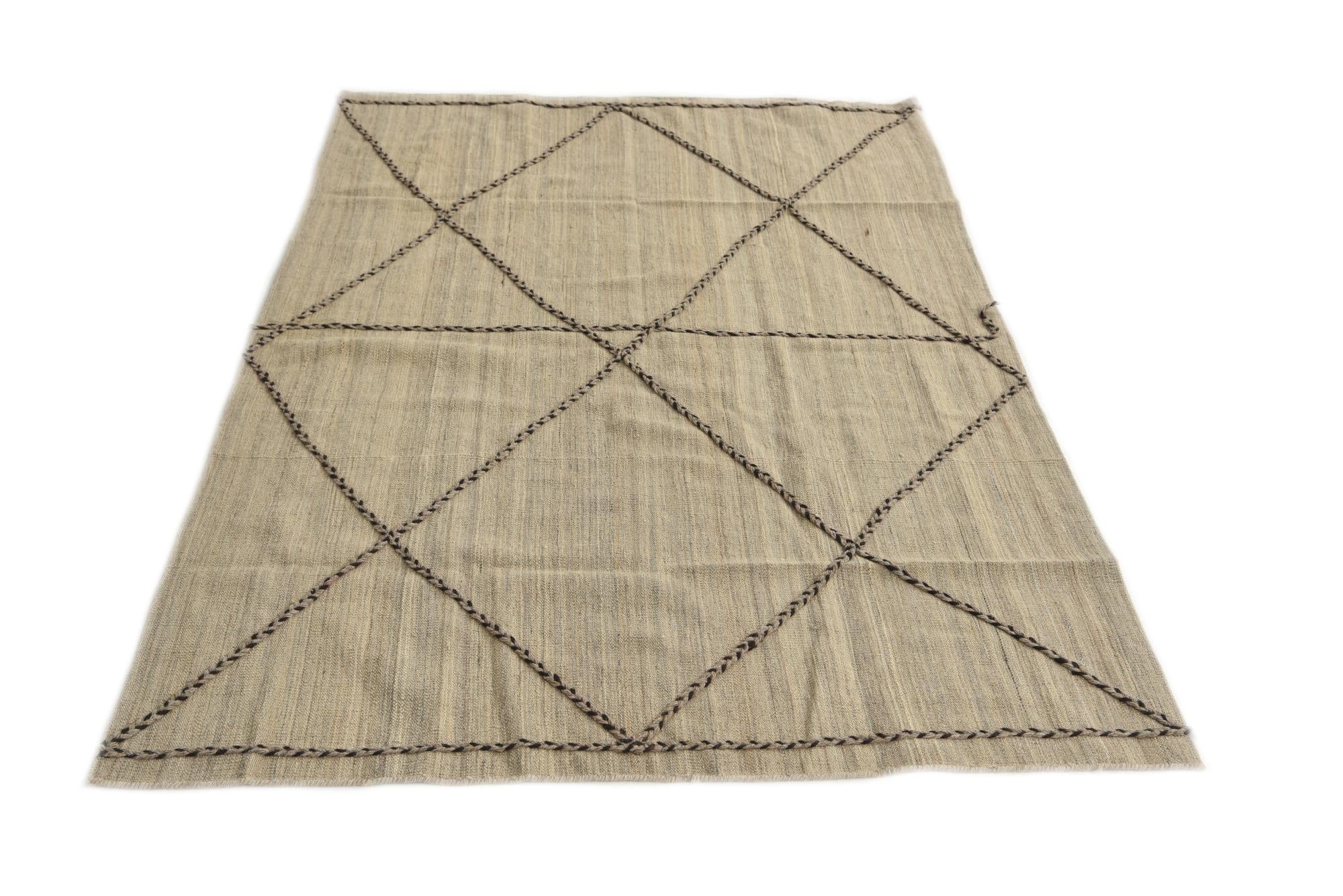 4' 1 x 6' 8 Hand Woven Kilim Modern Wool Rug
