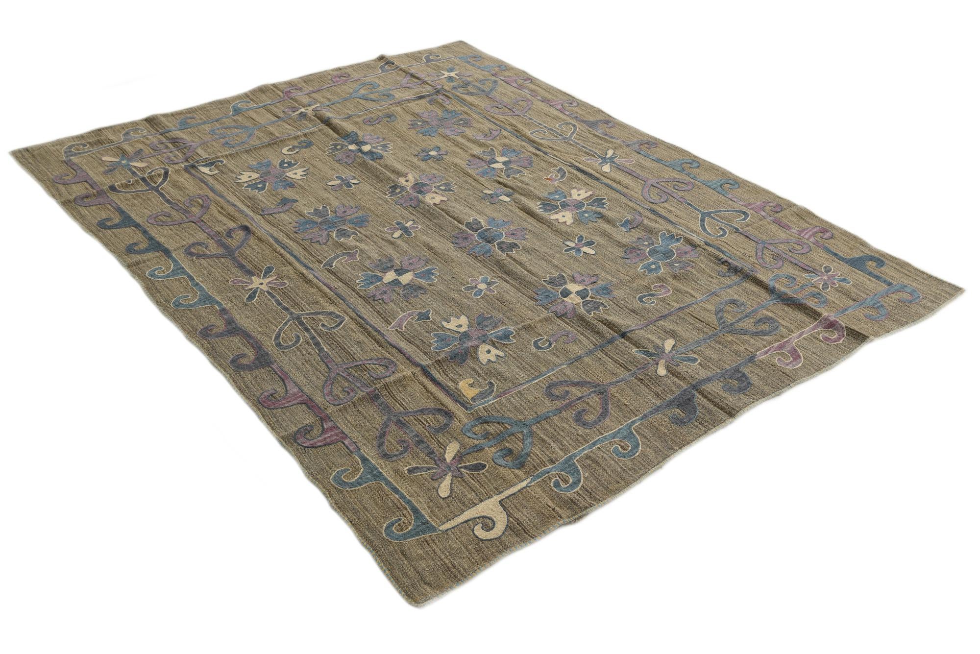 5' 7 x 7' Hand Woven Kilim Suzani Wool Rug