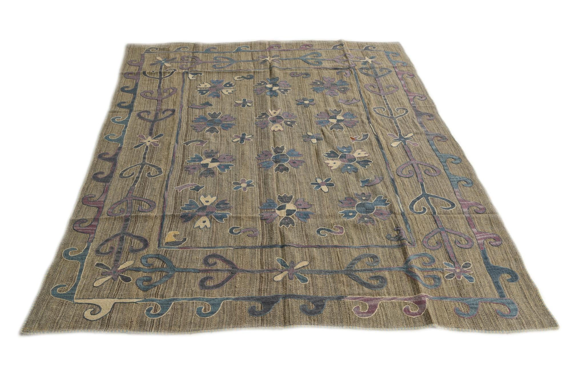 5' 7 x 7' Hand Woven Kilim Suzani Wool Rug