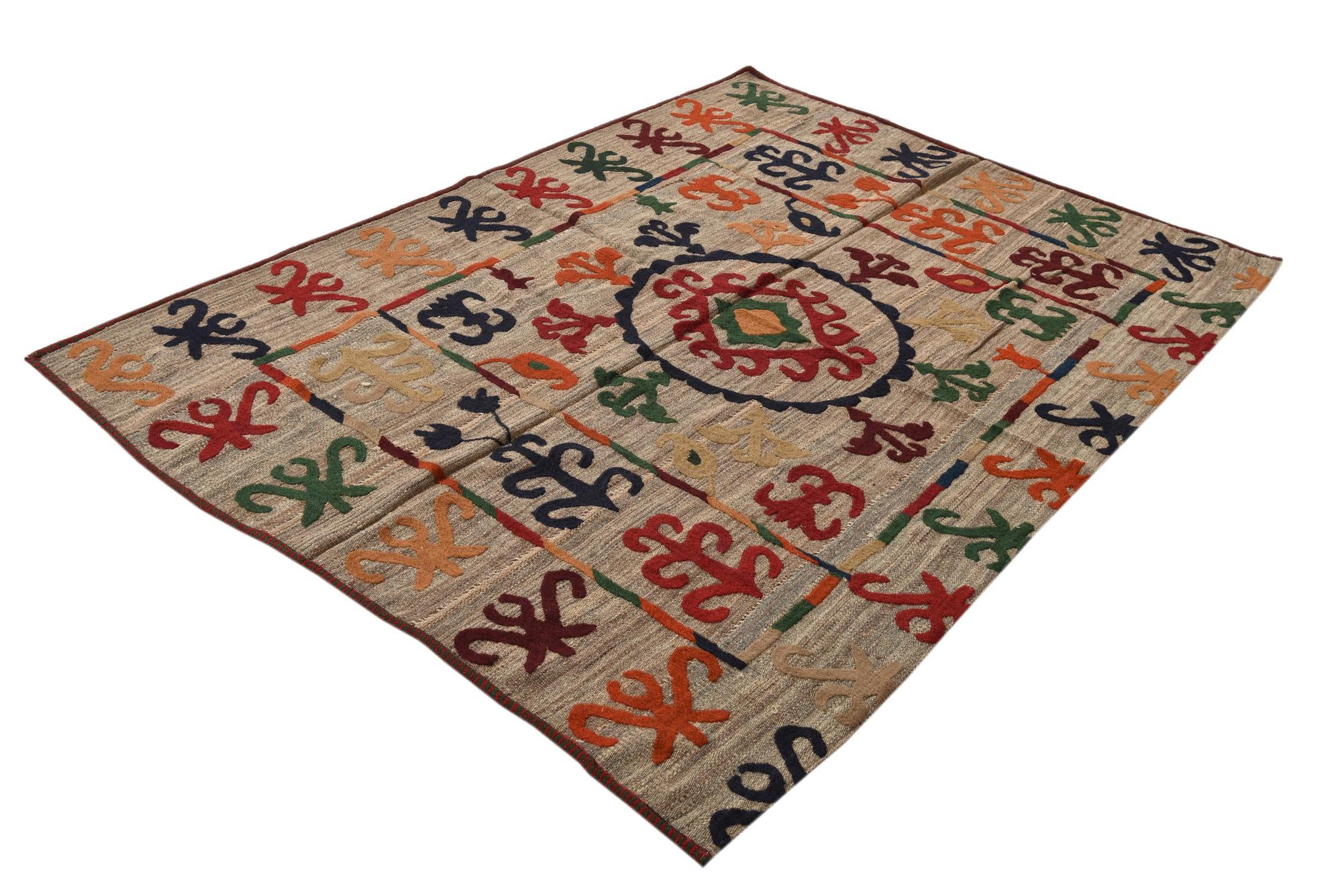 4' 8 x 6' 5 Hand Woven Kilim Suzani Wool Rug